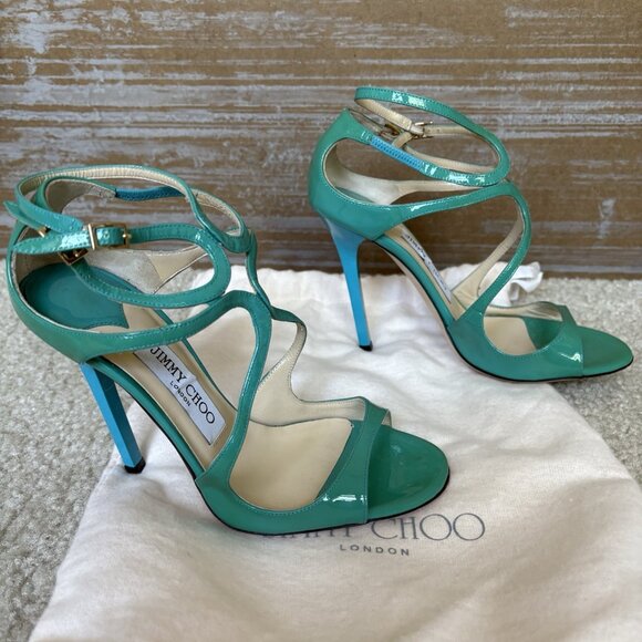 Jimmy Choo Lang Patent Leather Heeled Sandals Blue Preppy Classic - Picture 3 of 11